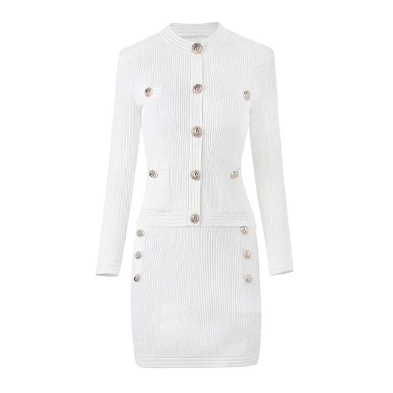 

Classic Brand 2 Piece Women Outfit Knitted Pencil Mini Skirt Long Sleeve Round Neck Lion Head Buckle Bodycon Elegant White Sets