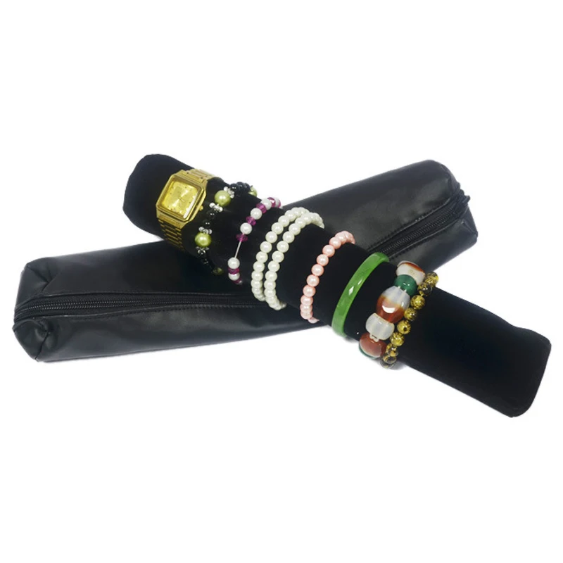 Jewelry Storage Portable Display Cases Organizer Jewellery Travel Roll for Watch and Bracelet Bag - Цвет: Velvet with black PU