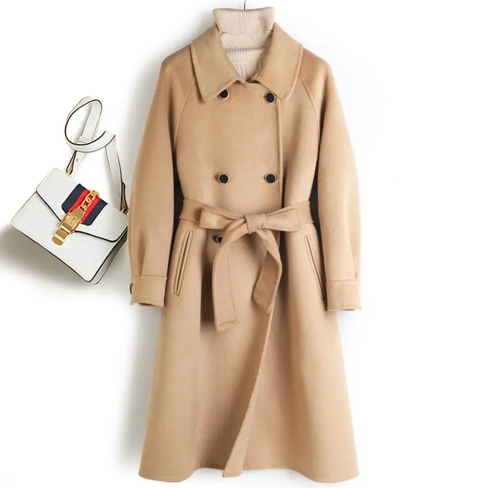 

2020 Autumn And Winter Fashion New Solid Color Straight Tube Doll Collar Double Breasted Belted Mid-length Woolen Coat WomenB170