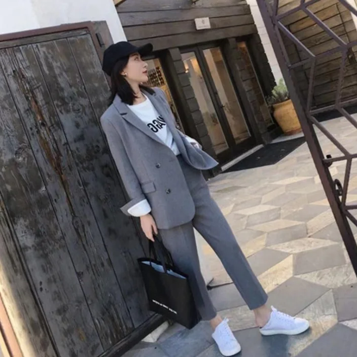 Рабочие брючные костюмы комплект из 2 предметов для женщин Блейзер пиджак и брюки