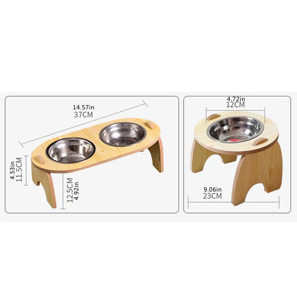 

15 Degree Cervical Spine Cat Bowl Dog Food Bowl Wooden Dish Rack Stainless Steel Bowl Pet Feeder Drinking Basin