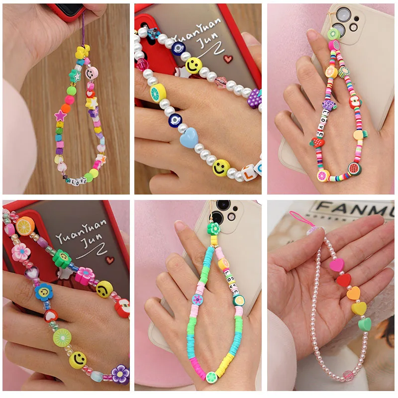 

2021 New Ins Trendy Colorful Smiling Beads Chain Mobile Phone Chain Anti-lost Handmade Acrylic Cord Lanyard for Women