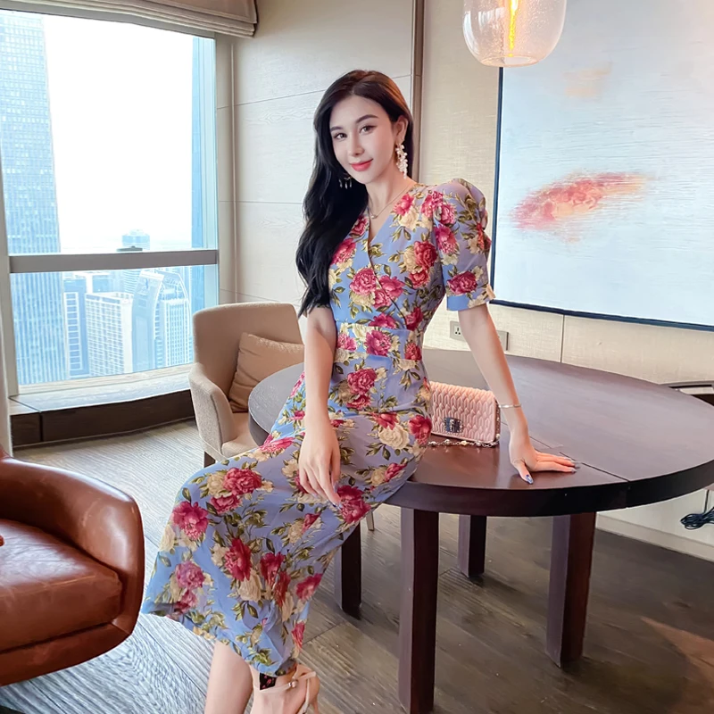 

Short Sleeps Red Dress Women Summer Dresses Woman Summer 2021 Printed Long African Women's Dress With Floral Pattern Party Midi