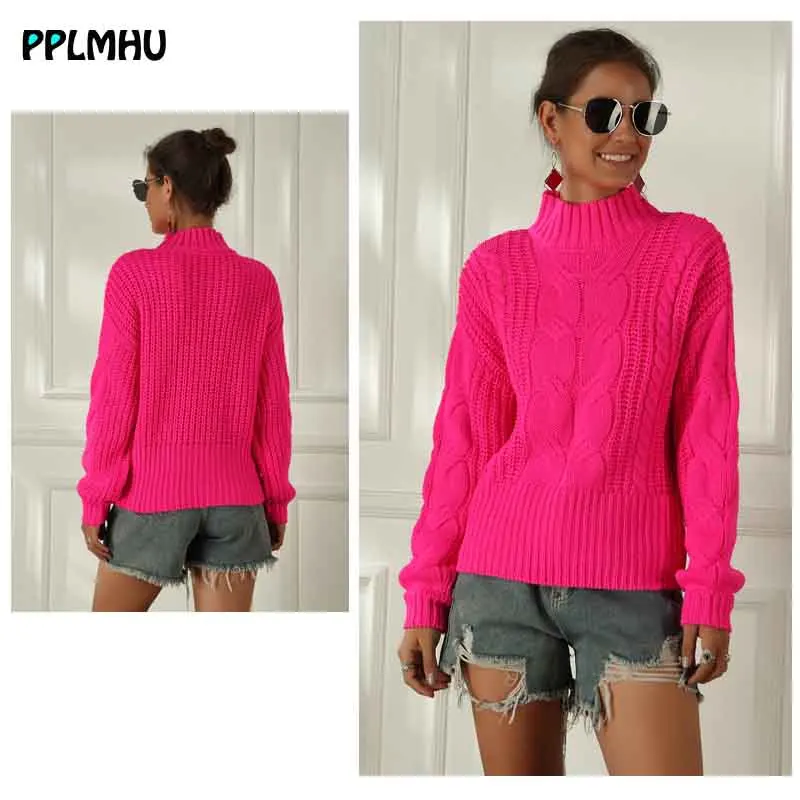 Big size knit sweater Half Turtleneck women Autumn and winter Fashion fluorescence color Warm Pullovers New arrival ladies tops | Женская