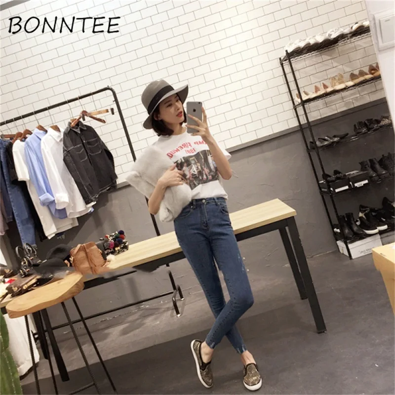 Джинсы рваные обтягивающие высокая талия женские тонкие универсальные