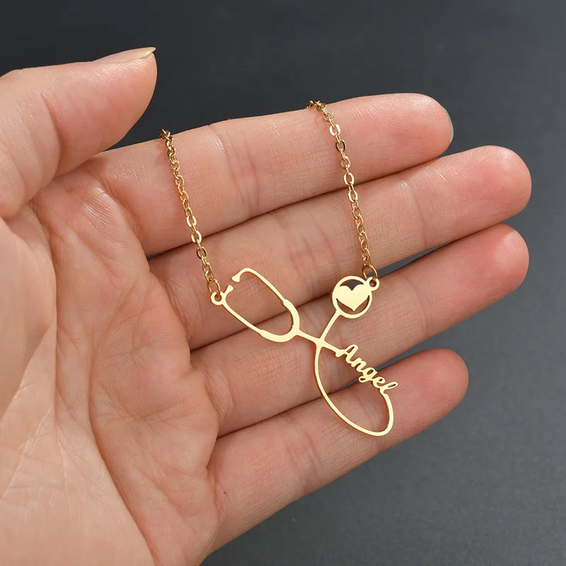 

Personalized Pendant Necklace Stainless Steel Customized Name Doctor Stethoscope Adjustment Heart Necklace Drop Shipping