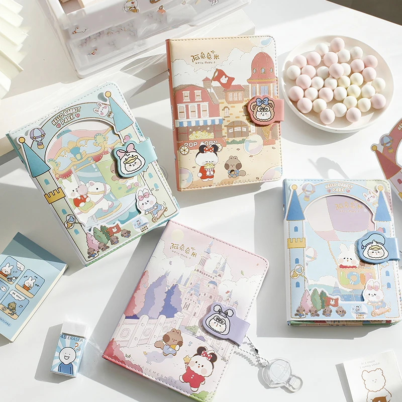 

Cartoon Cute Hand Drawn Notebook PU Cover Coloring Page Magnetic Button Book Student Stationery Supplies Diary With Pendant