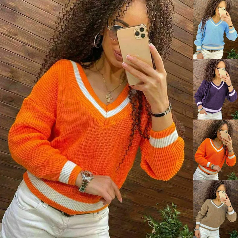 

Sweater Women Autumn And Winter 2021 Casual V-Neck Color-Blocking Pullover Long-Sleeved Fashion Multi-Color Sweaters M169