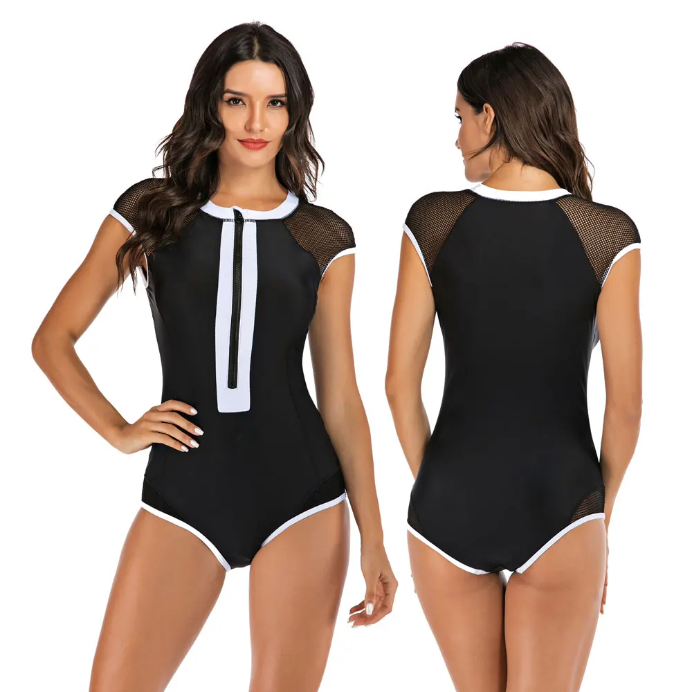 

Womens Zip Front Sleeveless High Neck One Piece Swimsuit Color Block Rash Guard Padded Retro Bathing Suits Rashguard Swimwear