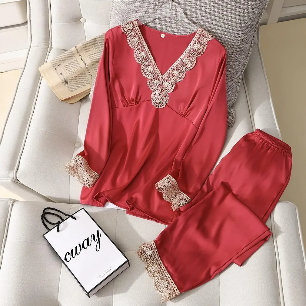

Satin Silky Women Pajamas Set Full Sleeve Shirt&Pant Sleep Set Casual Sleepwear 2PCS Pijamas Suit Soft Lace Intimate Lingerie