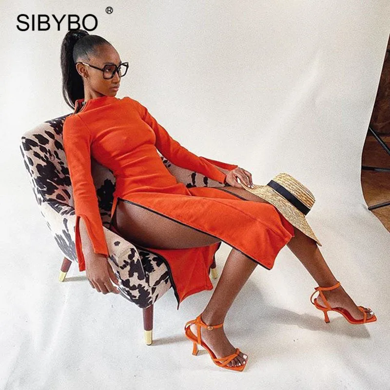 Женское облегающее платье с высоким разрезом SIBYBO черное вязаное длинным рукавом