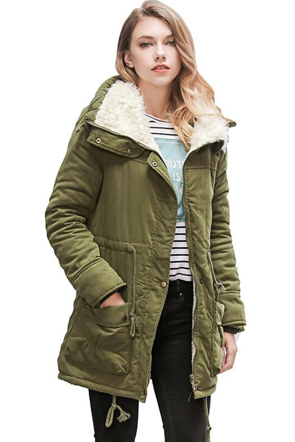 Winter Cotton Coat Women Solid Slim Snow Outwear Medium-long Wadded Jacket Thick Padded Warm Parkas Army Green | Женская одежда