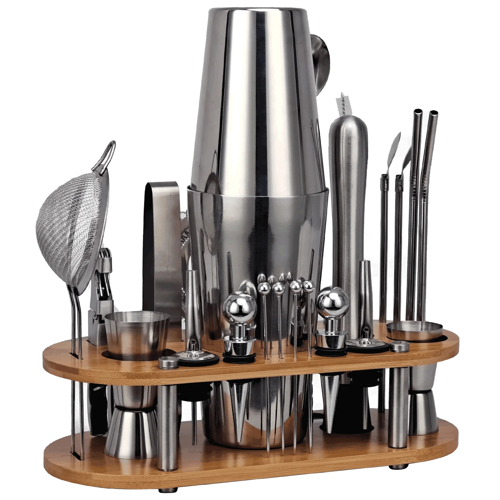 Juego de coctelera de 23 piezas, Kit de camarero con soporte de bamb&uacute; ovalado desmontable, herramientas de Bar para el hogar de acero inoxidable, regalo perfecto-5
