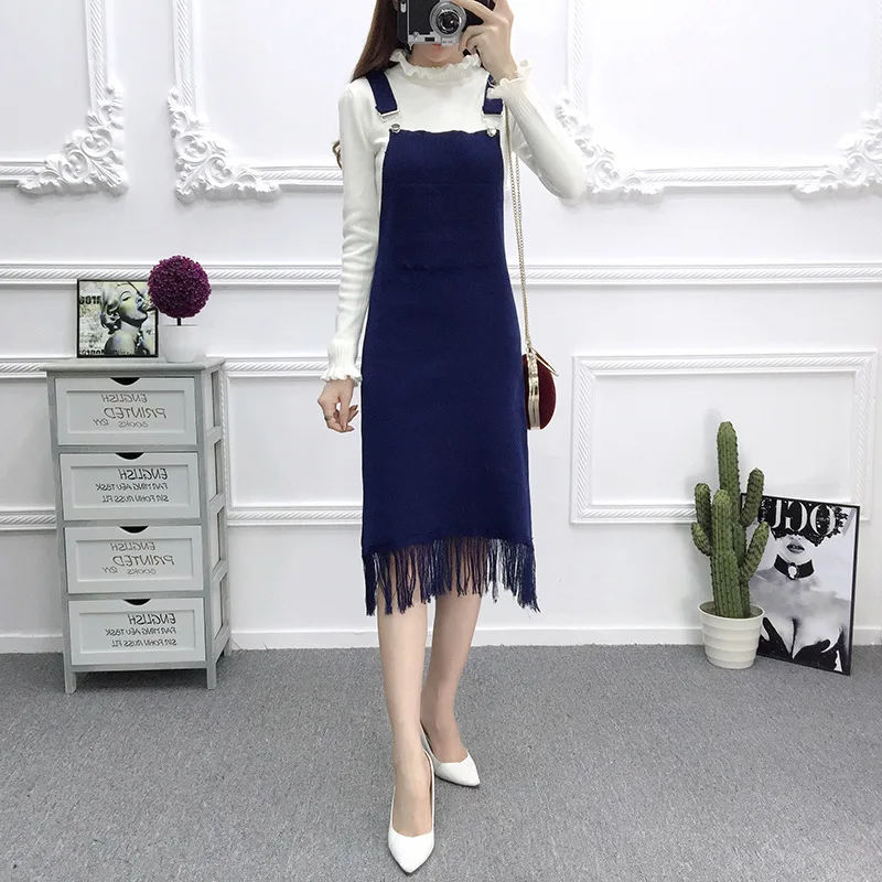 Vest skirt blue Корейский элегантный свитер жилет платье для женщин винного цвета сплит галстук свободные вязаные платья осенние женские повседневные платья - Цвет: Vest skirt blue