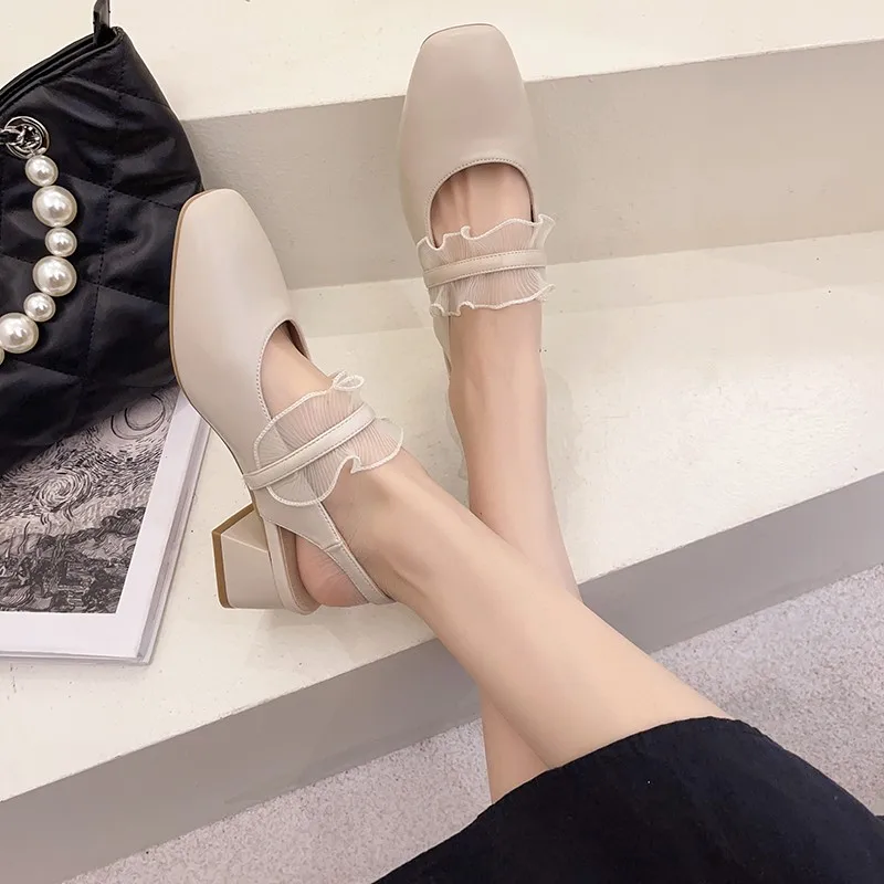 

Block Heels Shallow Mouth Fashion Womens Shoes 2021 Female Sandal All-Match Med Chunky Luxury Girls Beige Clear Closed Summer Co