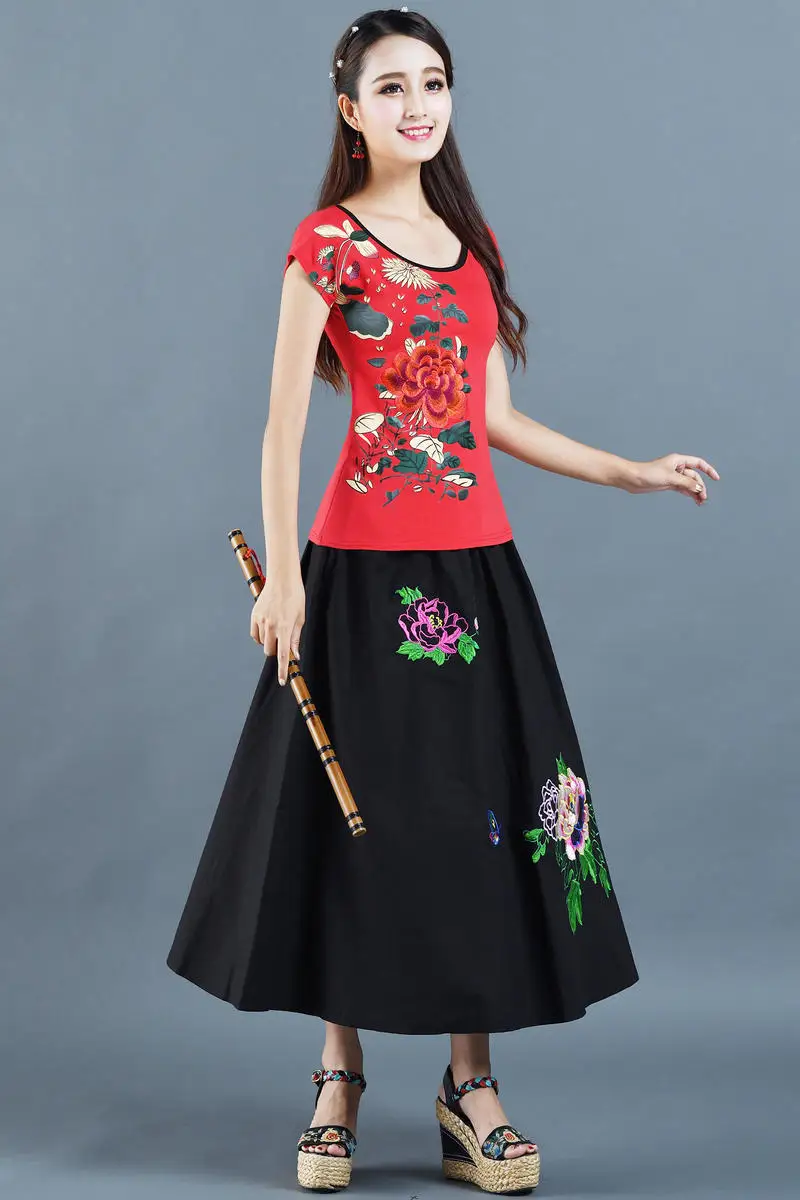 

Women Floral Embroidered Long Skirt Lady Linen Fabric Folk-Custom Spring Summer Autumn A-Line Mid-Calf Skirt Women Skirt Roupas