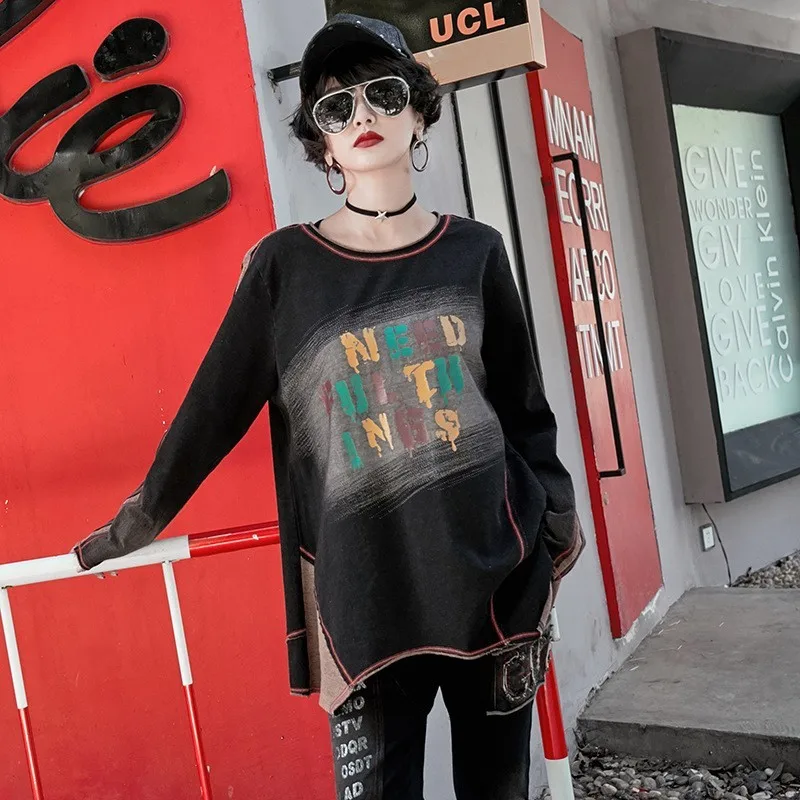 Женская джинсовая футболка в стиле панк с длинным рукавом и круглым вырезом |