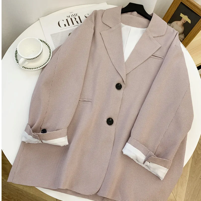 

Long Sleeve Loose Blazer Korean Vintage Office Womens Single Breasted Loose Plaid Blazer British Style Fashion Tops Blouses