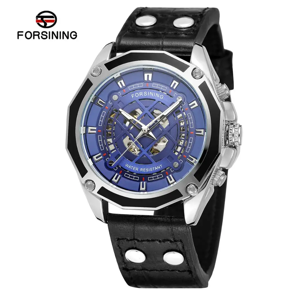FORSINING Fashion casual men's mechanical watch blue dial spider web hollow Roman numeral time scale black leather strap automatic holiday gift |