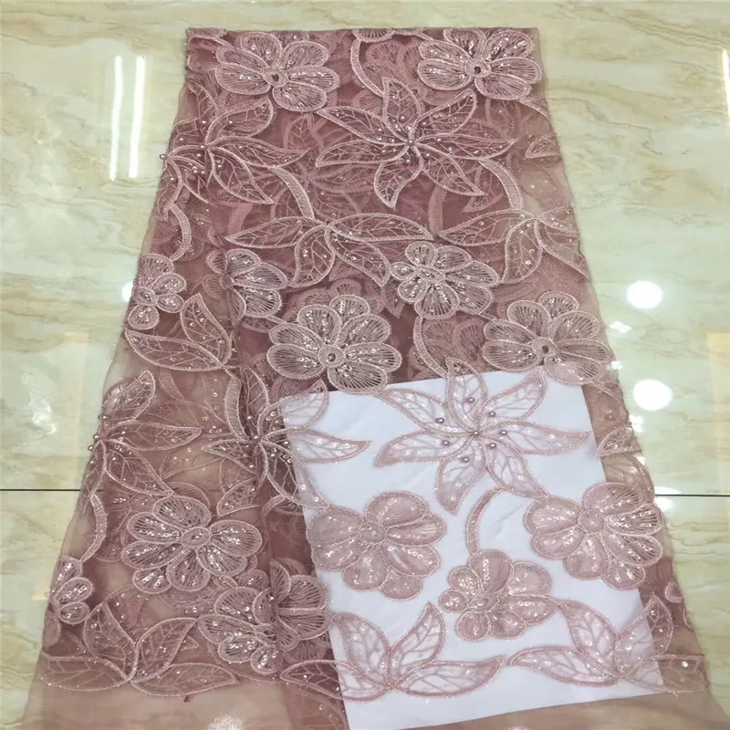 Оптовая цена розовая французская кружевная ткань с бисером блестки африканская