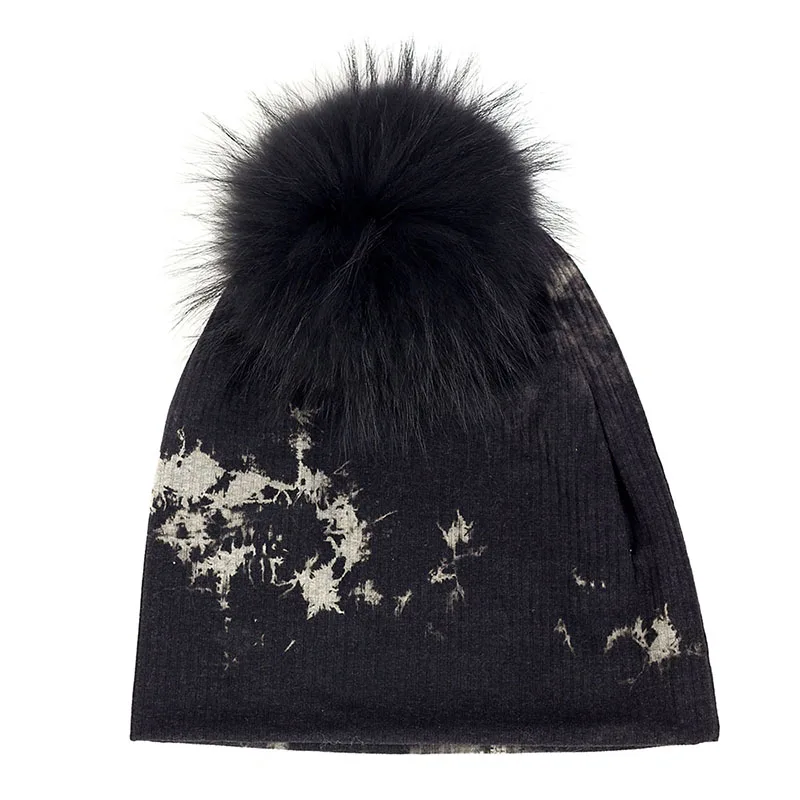 black gray black Geebro краска для женщин шапка бини женская вязаная зимняя теплая шерсть хлопок 15 см Настоящий мех енота помпон черепа шапки - Цвет: black gray black
