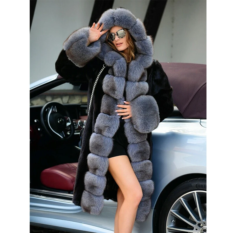 

2021 Trendy Woman Mink Fur Coat Natural Outwear 100cm Long Black Mink Fur Coat with Fox Fur Lcollar Luxury Hooded Fur Overcoat