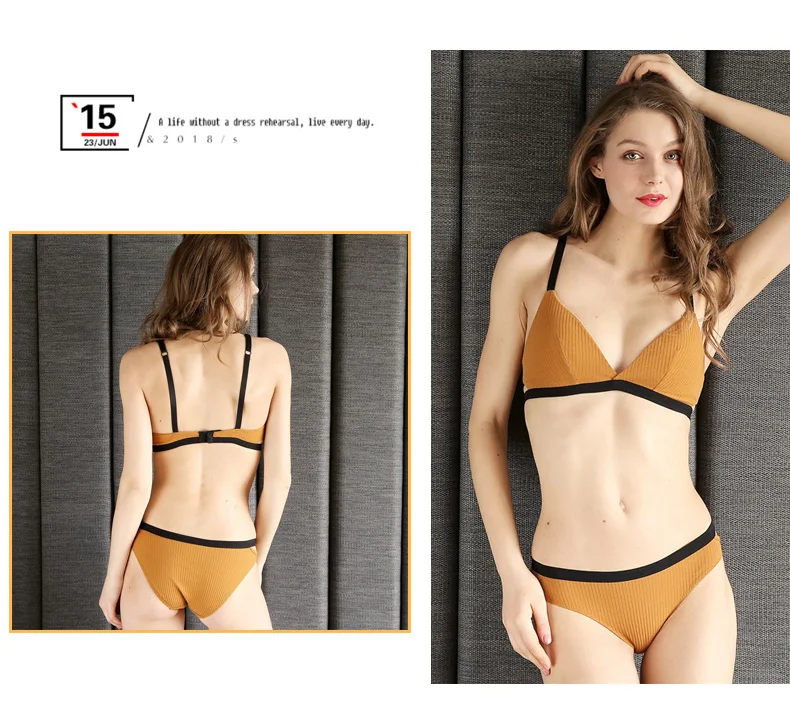Французский спортивный стиль Bralette контрастного цвета хлопок Ребристое нижнее белье полые Triangel чашки без стали женское белье набор