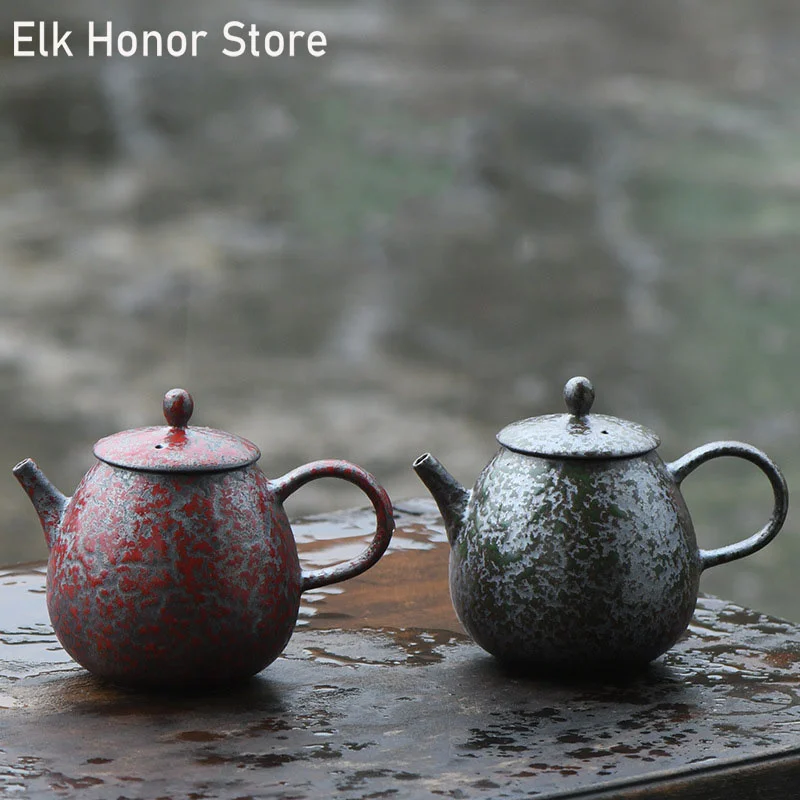 

220ml Retro Green Rust Glaze Ceramic Teapot Handmade Kiln Fambe Coarse Pottery Teakettle Kung Fu Tea Master Pots Gift Packaging