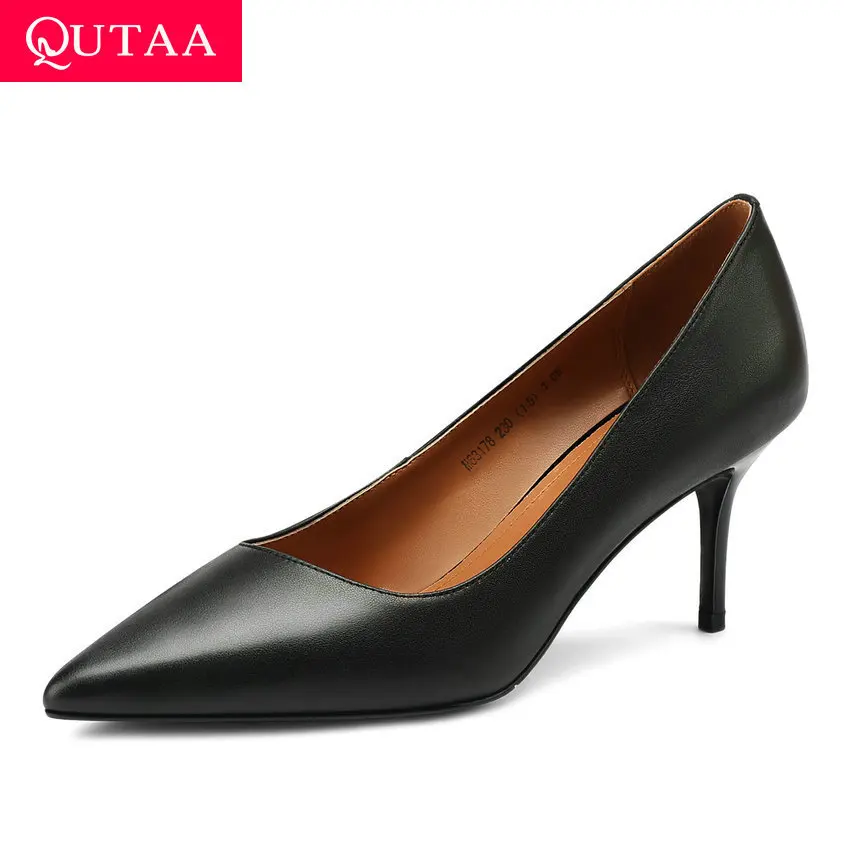 QUTAA/удобные женские туфли лодочки из коровьей кожи для офиса на тонком высоком