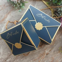 10pcs envelop gold deep blue best wish with rope handle paper box cookie macaron candy wedding birthday party gifts packaging