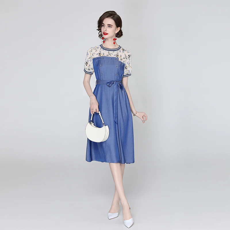 

ZUOMAN Women Summer Elegant Denim Dress Festa High Quality Long Vintage Party Robe Femme Runway Designer Blue A-Line Vestidos