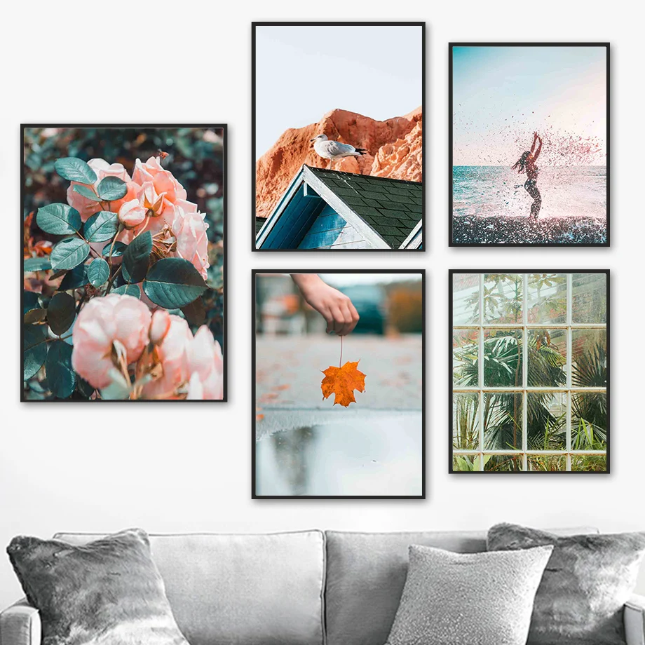 

Rose Maple Palm Leaf Sea Girl Mountain Wall Art Canvas Painting Nordic Posters And Prints Wall Pictures For Living Room Decor