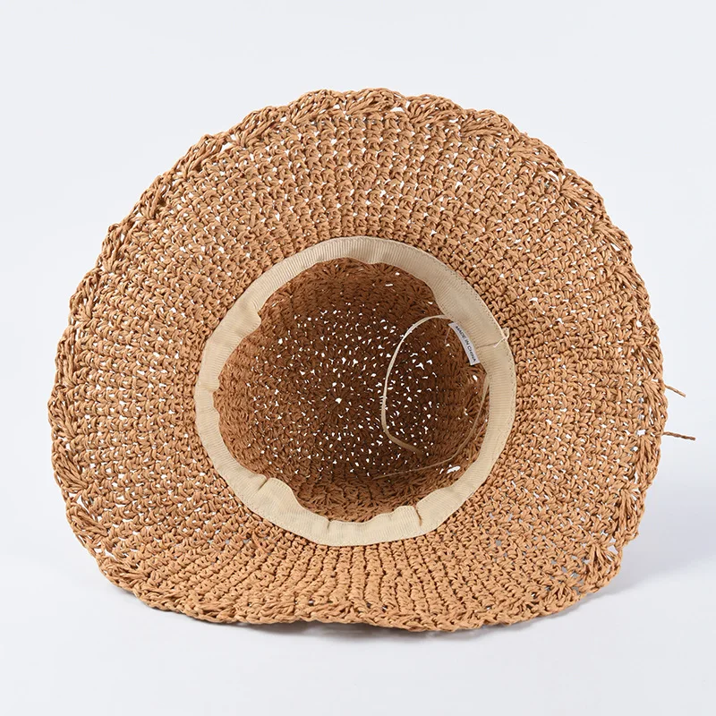 Летняя вязаная круглая соломенная шляпа с бантом и цветочным орнаментом дышащая