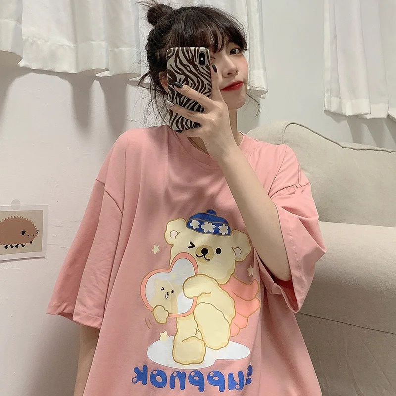 

American Style Retro Bear Short Sleeve T-shirt Women's Summer 2021 Loose Korean Style Ins Harajuku Style Chic Hong Kong Style