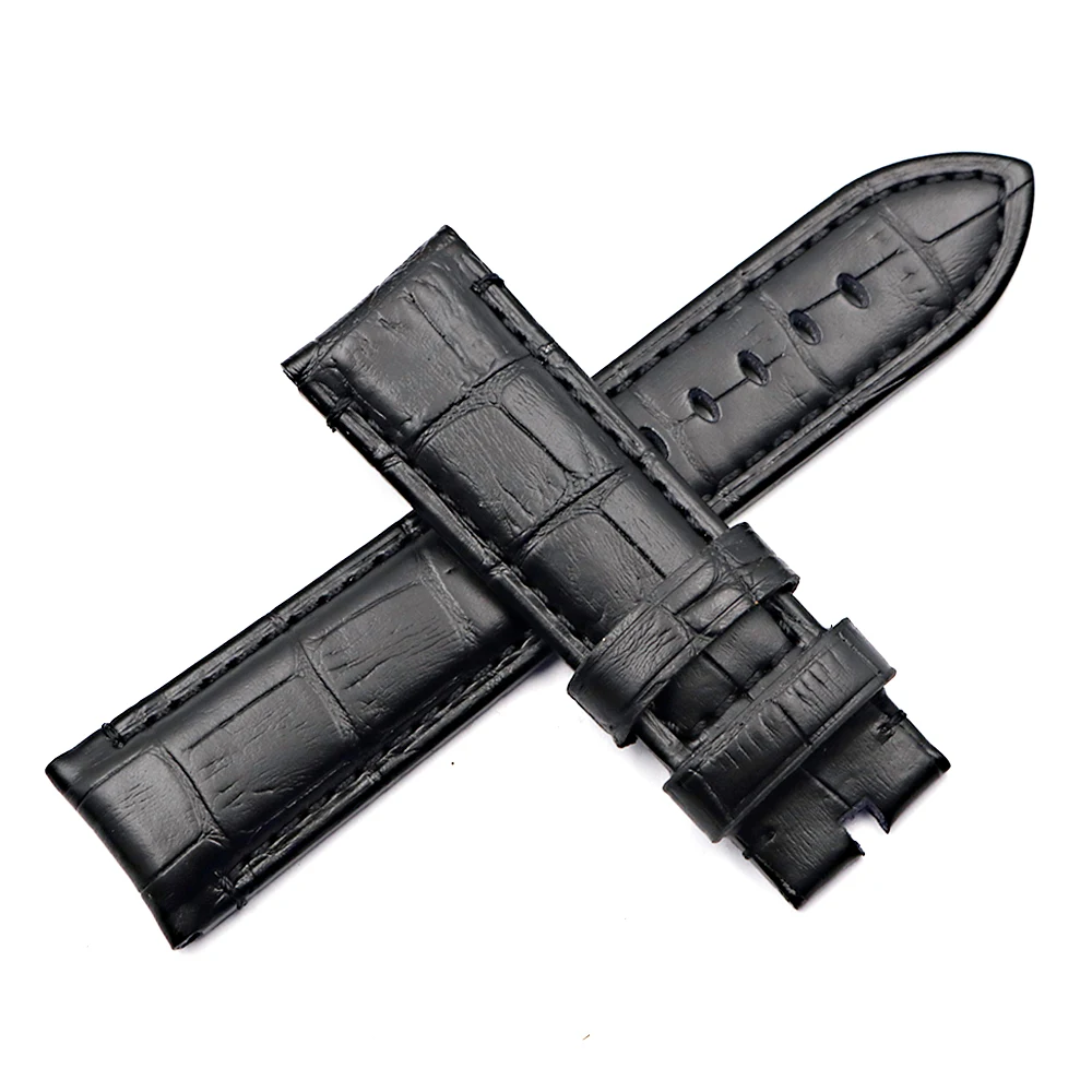 Rolamy 22 24mm Luxury Leather VINTAGE Black Real Calf Crocodile Grain Thick Wrist Watch Band Belt Silver Black Clasp For Panerai