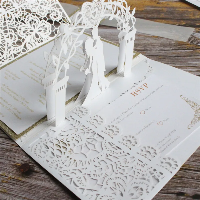 White card invitation laser cut pop-up design spring summer custom wedding invitation luxury decorated