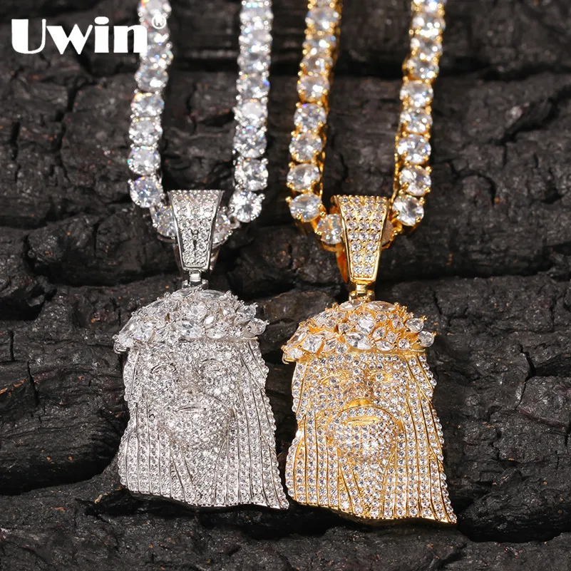 

UWIN Jesus Pendant With 4mm Tennis Chain Iced Out Cubic Zircon Men's Hip Hop Jewelry Rope Cuban Chain With Jesus