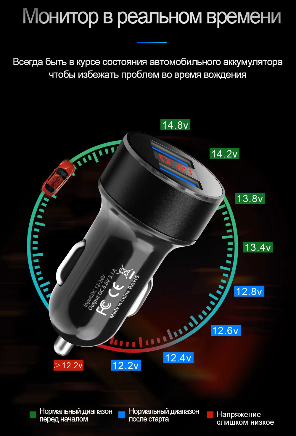 Rocketek мини двойной зарядное устройство usb 3.1A 5 V ЖК-дисплей Дисплей Универсальный телефон автомобиль Зарядное устройство для Xiaomi samsung S8 iPhone X 8 Plus Tablet