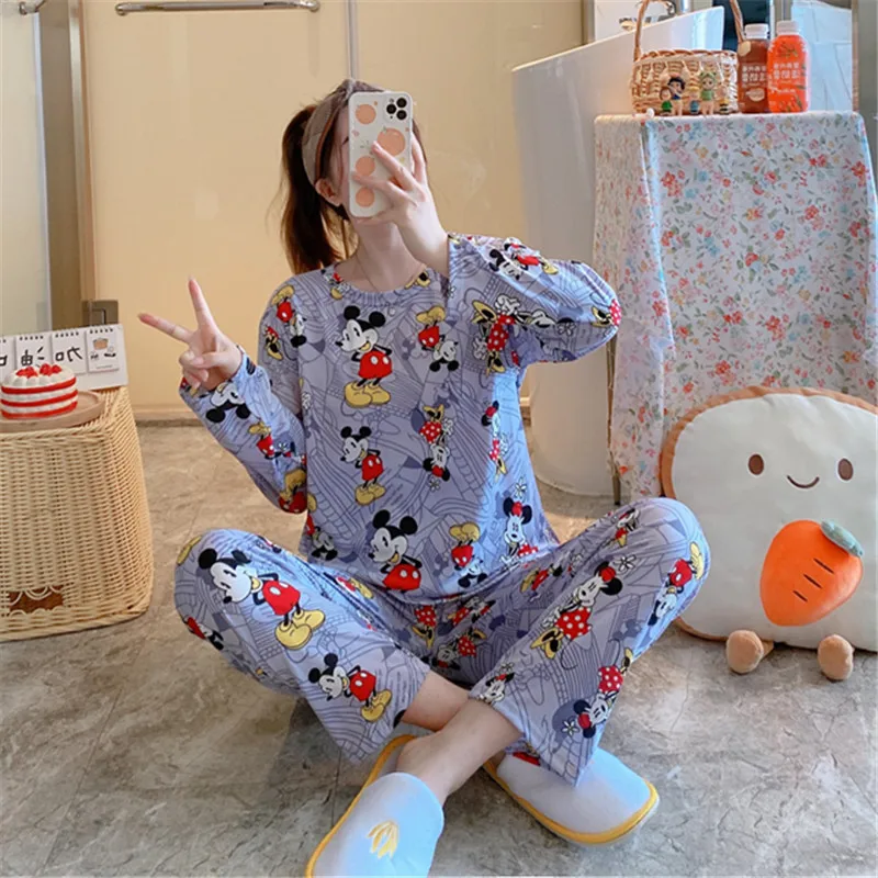 

Новые Мультяшные пижамы Disney, женский костюм, осенне-зимняя хлопковая одежда для сна с длинным рукавом, Осенний пуловер, женская одежда для с...
