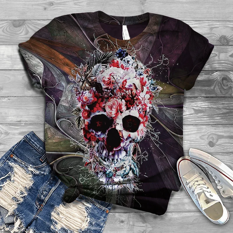 

Skull T-shirt women short-sleeved printed top o-neck T-shirt 2021 new original small size plus size