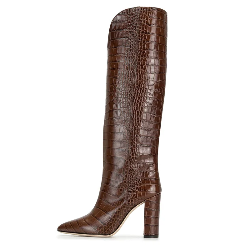 

Long Spring Over The Knee Snakeskin Genuine Leather Knee-high Modern Boots Square Heel Mature Brown Shoes Woman