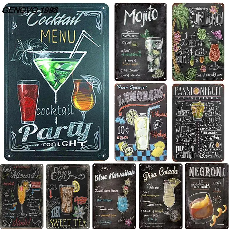 

Pub Cocktail Menü Mojito Pina Colada Negroni Retro Vintage Metall Platte Bar Dekoration Wand Dekor Metall Poster Tin Zeichen Für