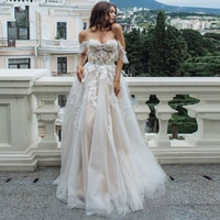 champagne boho wedding dress 2021 lace appliques tulle backless beach bridal gowns off shoulder princess vestido de noiva