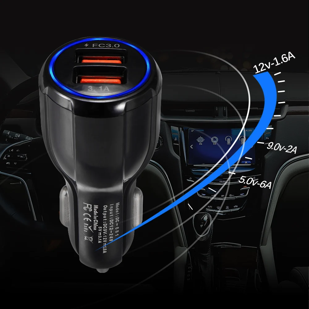 Автомобильное зарядное устройство двойной USB выход QC3.0 силовой светильник 3.1A Быстрая зарядка для IPhone 7 8 X устройства быстрой зарядки для S6 S5 Xiaomi Mi A1