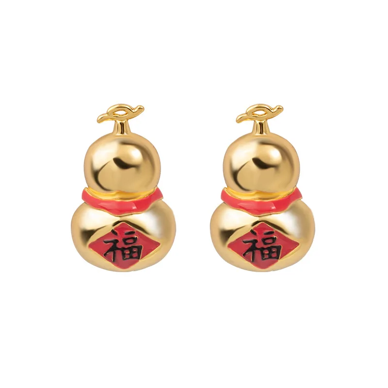 

New Hand-painted Enamel Jewelry Ruyi Golden Gourd Stud Earrings Silver Needle Fashion Personality Design National Tide Earrings