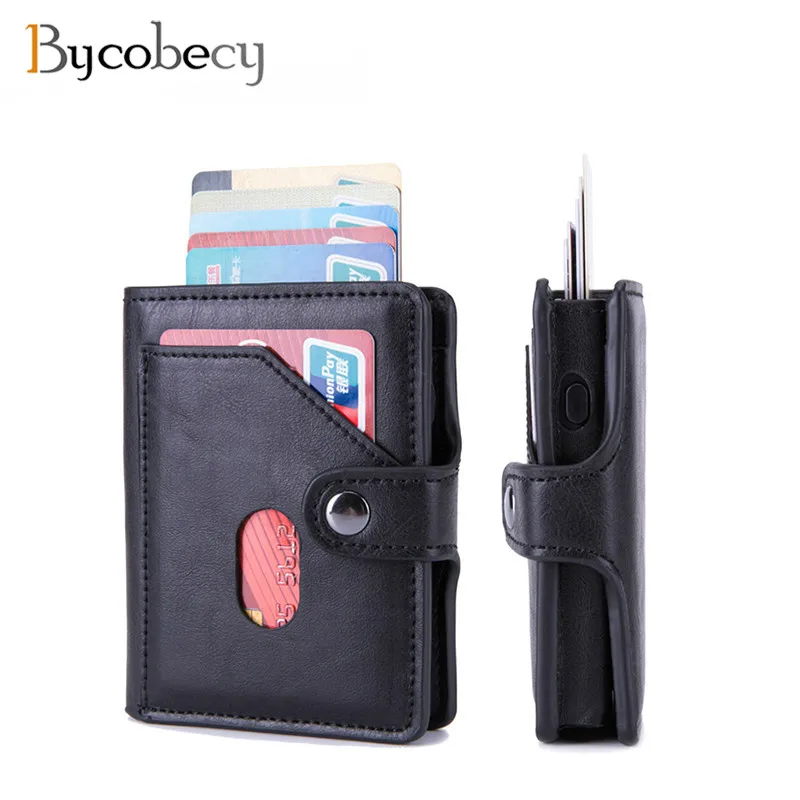 

Bycobecy Custom Name Leather Wallet Business Men Credit Card Holder Aluminum Case Box RFID Wallet Pop-up Anti-theft Wallet Purse
