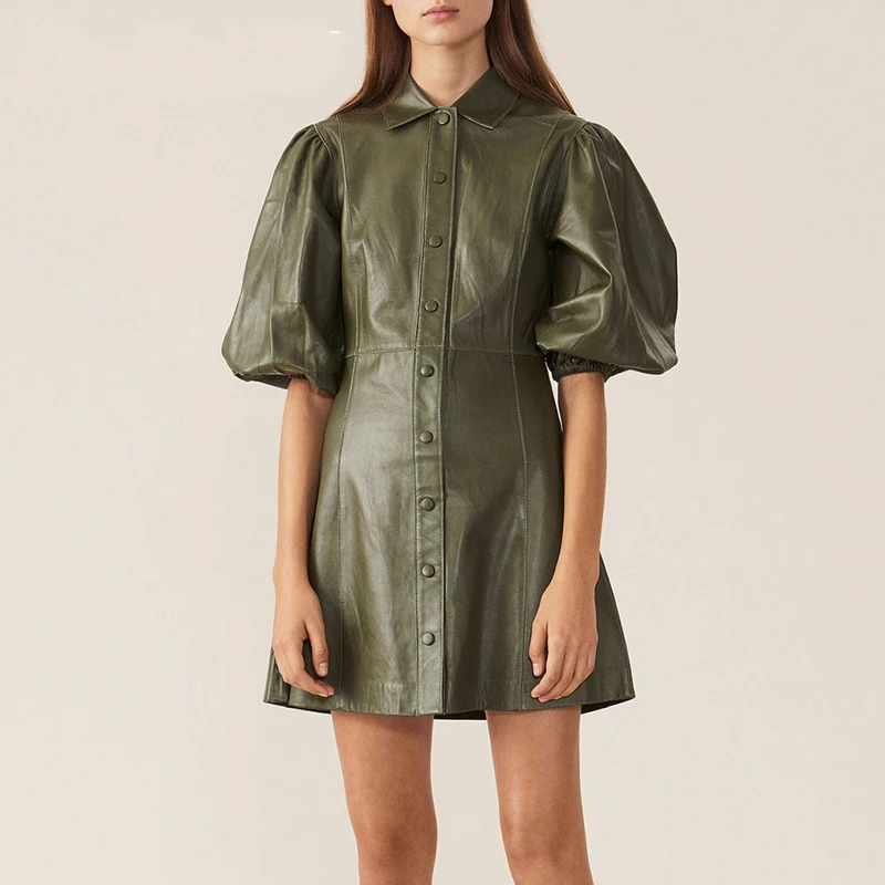 Женское кожаное платье осень PU искусственная кожа Кнопка Вниз винтажное женщины