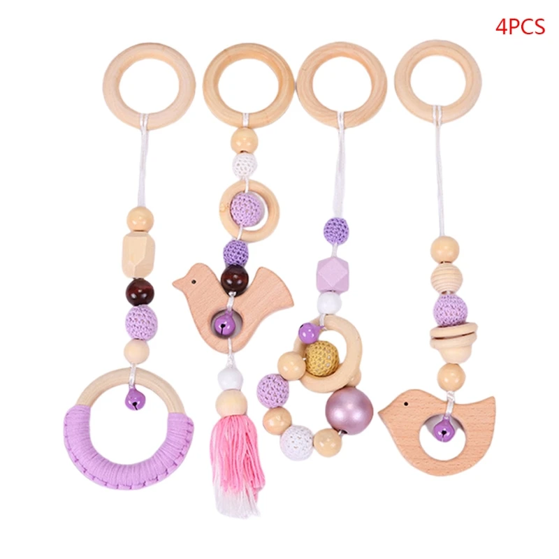 

4 Pcs/Set Baby Gym Frame Stroller Hanging Pendants Wooden Ring Teether Molar Toy 24BE