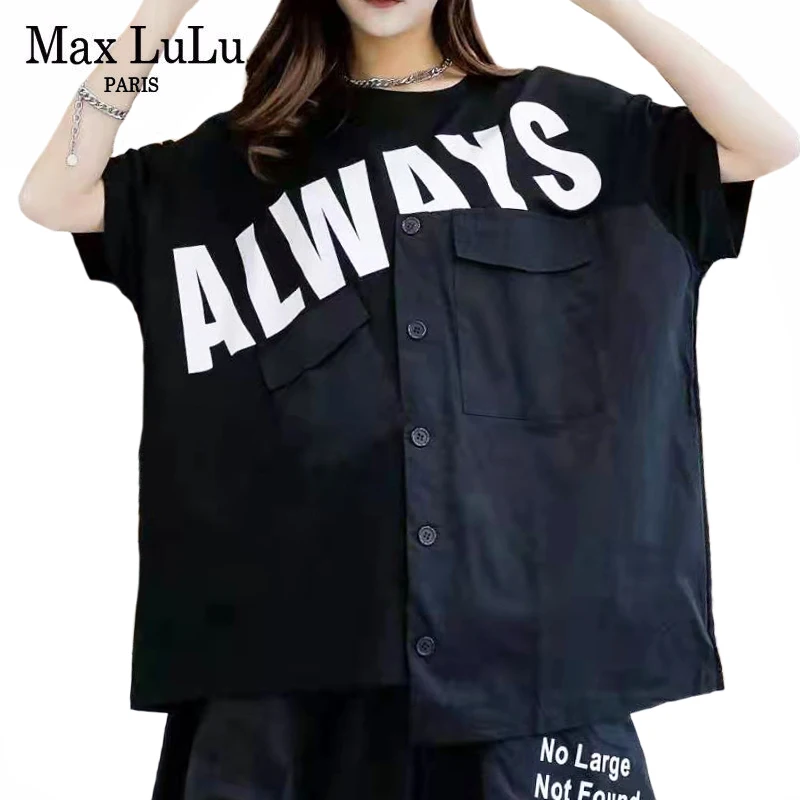 

Max LuLu 2021 Korean New Fashion Clothing Womens Printed Black Tees Ladies O-Neck Casual T-shirts Girls Cotton Tops Plus Size