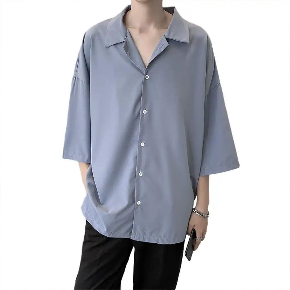 

Рубашка мужская с отложным воротником, повседневная сорочка оверсайз, с рукавом 3/4, однотонная универсальная уличная одежда, лето